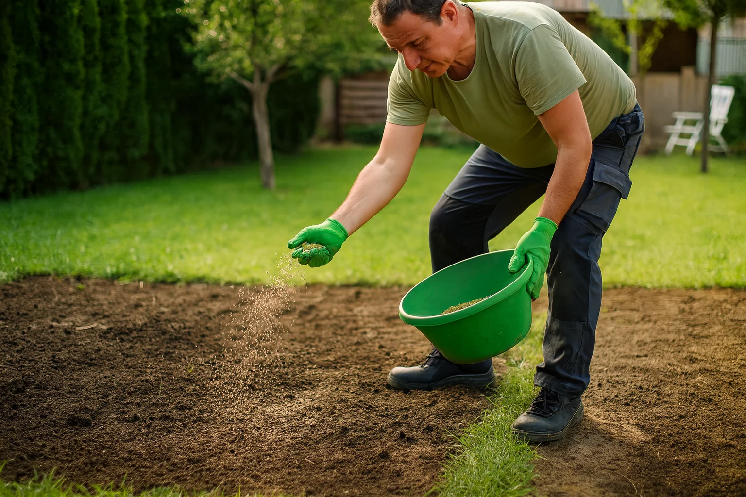 Jardinero resembrando césped en un jardín